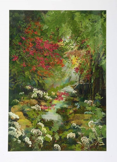 盧秀麗作品〈有美麗光線的山中步道〉是蒐集不同顏色四季花材並組合作出景深和近景表現